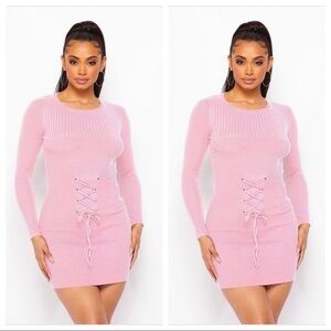 NEW TRENDY LONG SLEEVE MAUVE RIBBED KNIT FRONT LACE UP WAIST BELT MINI DRESS